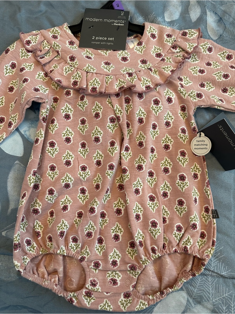 NWTS Modern Moments Pink Floral Ruffle Baby Romper w/matching tights Sz 12 mos. - Picture 2 of 9